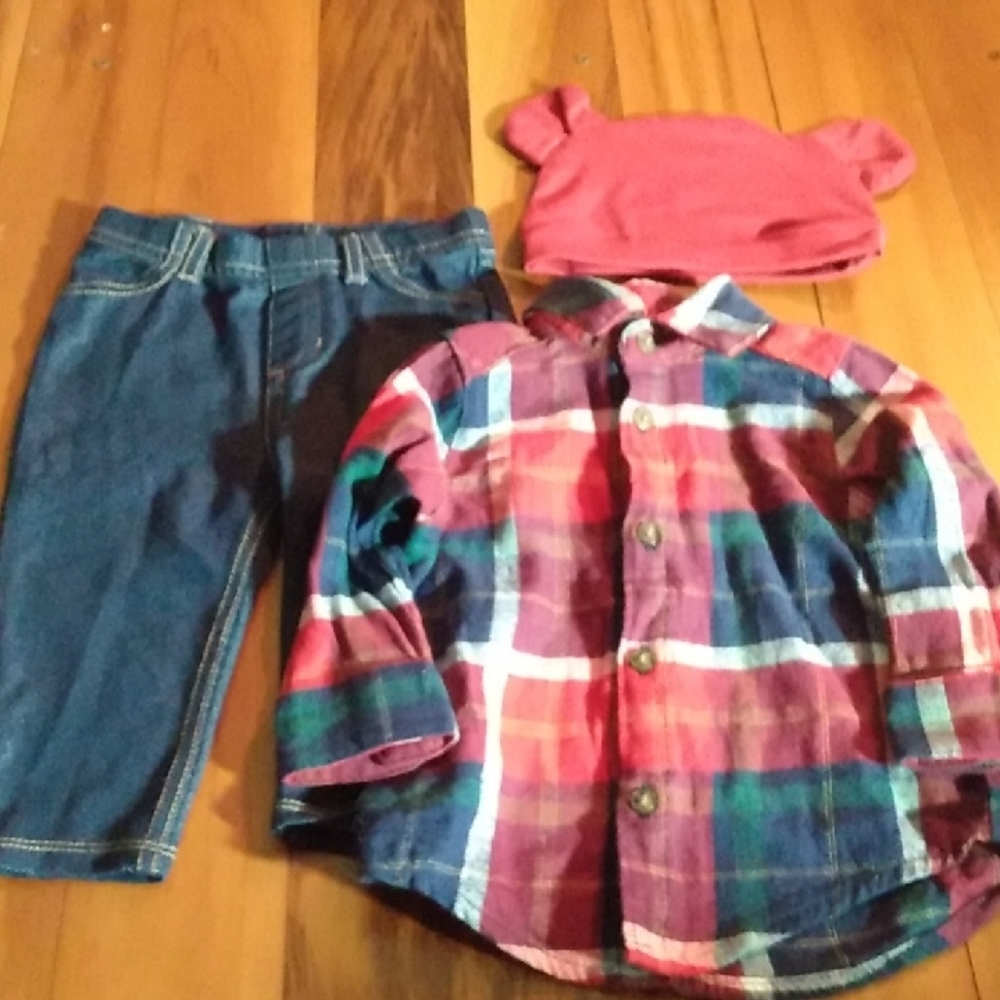 3 PC Baby Boys 3-6 Months Outfit, Carter's Flannel Shirt & Jeggings Set + Hat